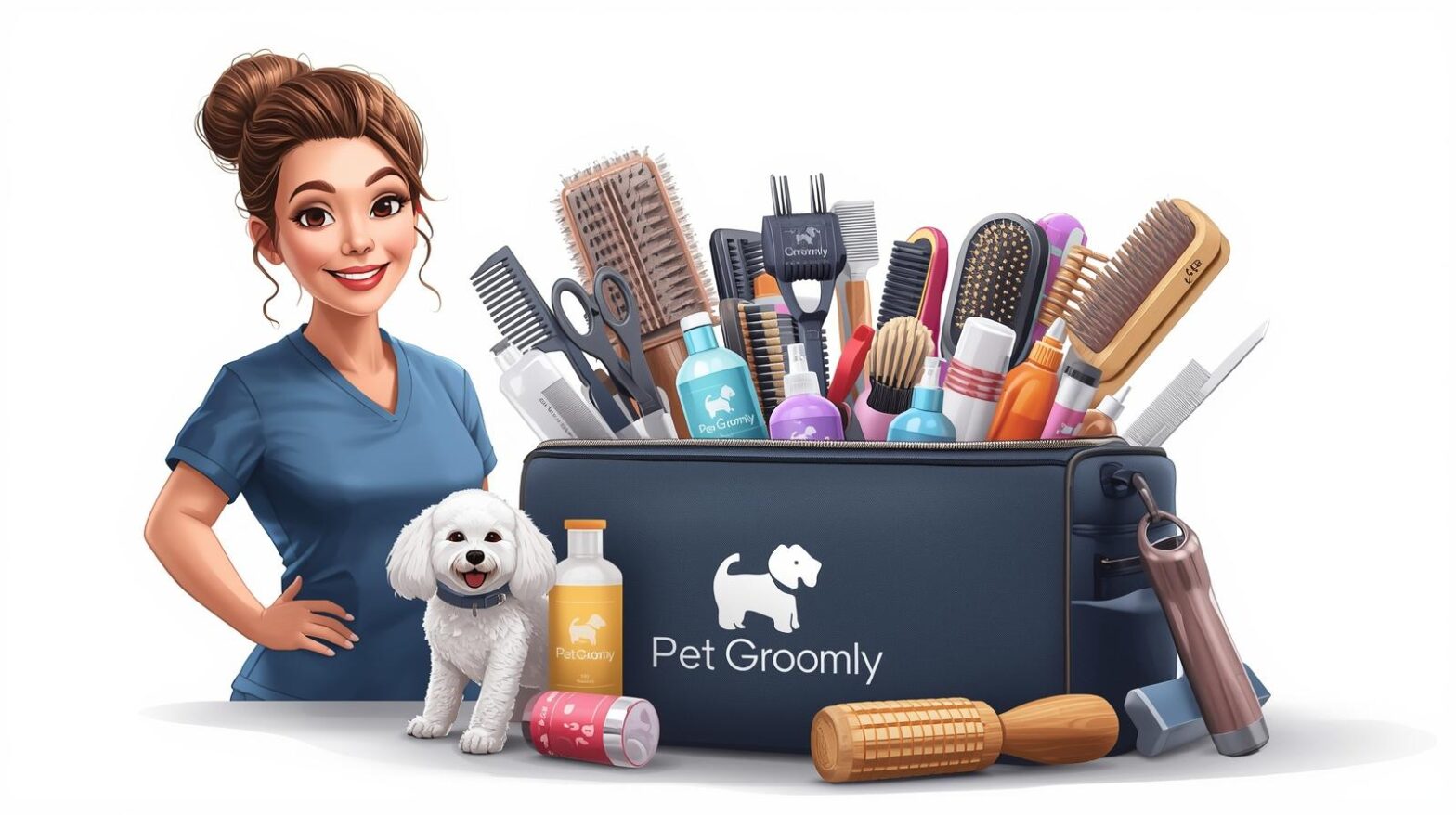 create image pet groomer and whats in his bag use brand name Pet Groomly